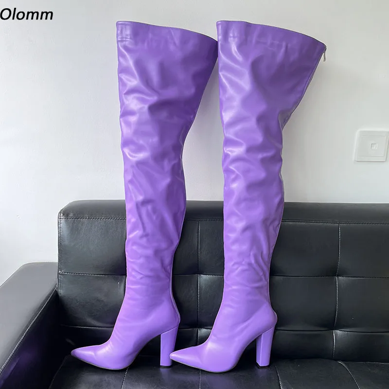 

Olomm Handmade Women Winter Thigh Boots Back Zipper Chunky Heels Pointed Toe Beautiful Purple Party Shoes Plus US Size 5-15