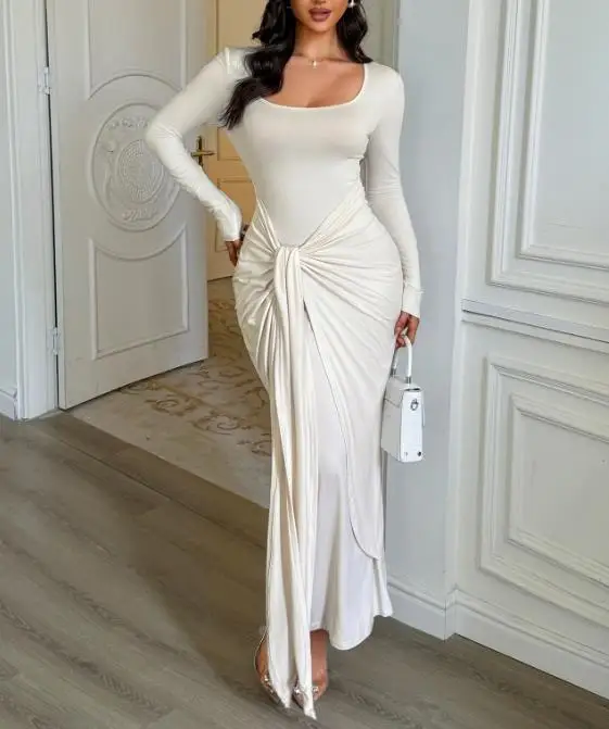 عطلة بأكمام طويلة، معانقة الورك، تنورة طويلة، فستا...