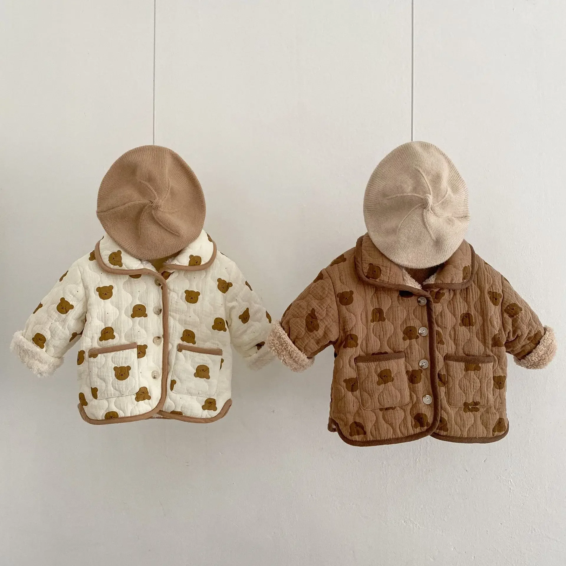 3711D Ins Korean Baby Coat Fleece Warm Jacket Winter New Cotton-padded Cartoon Bear Boy's Coat Cute Girl's Cashmere