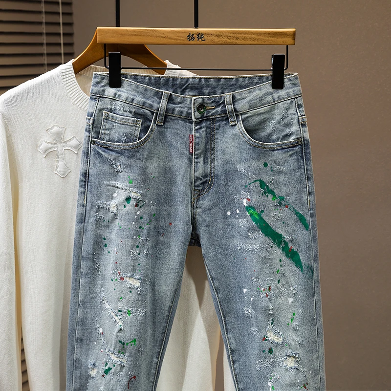 New Light Luxury Men'S Jeans Fashion Hole Patches Tide Elastic Slim Embroidery Spray Paint Personality Street Casual Denim Pants