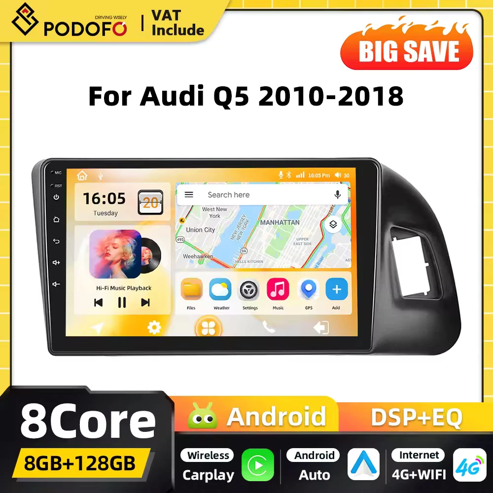 Radio de coche Podofo 8Core CarPlay Android para Audi Q5 2010-2018, navegación GPS, DSP, WIFI, FM, RDS, reproductor Multimedia 2 din 1