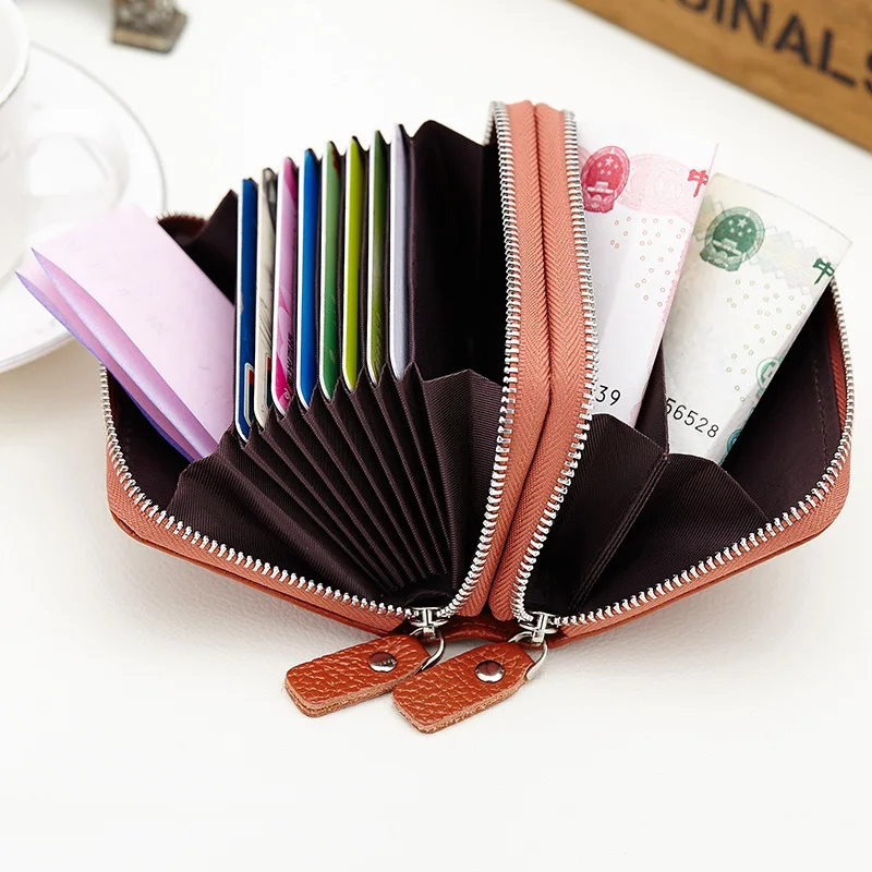Small Genuine Leather Wallet for Women, Blocking Credit Card Holder Wallet 2 Zipper Card Case Organizer