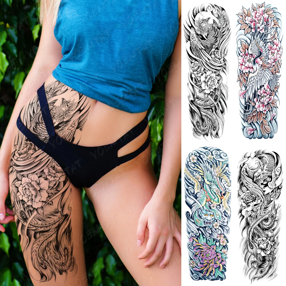 

Waterproof Temporary Tattoo Sticker Peony Crane Phoenix Chrysanthemum Black Large Full Arm Sleeves Fake Tatoo Men Women Body Art