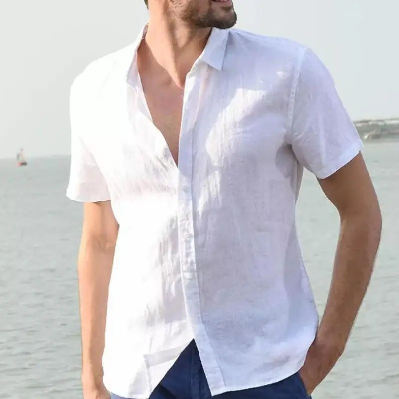 Hot Sale Men\'s Short-Sleeved Shirts Cotton Linen Summer Solid Color Turn-down Collar Quick Drying Casual Beach Style Plus Size