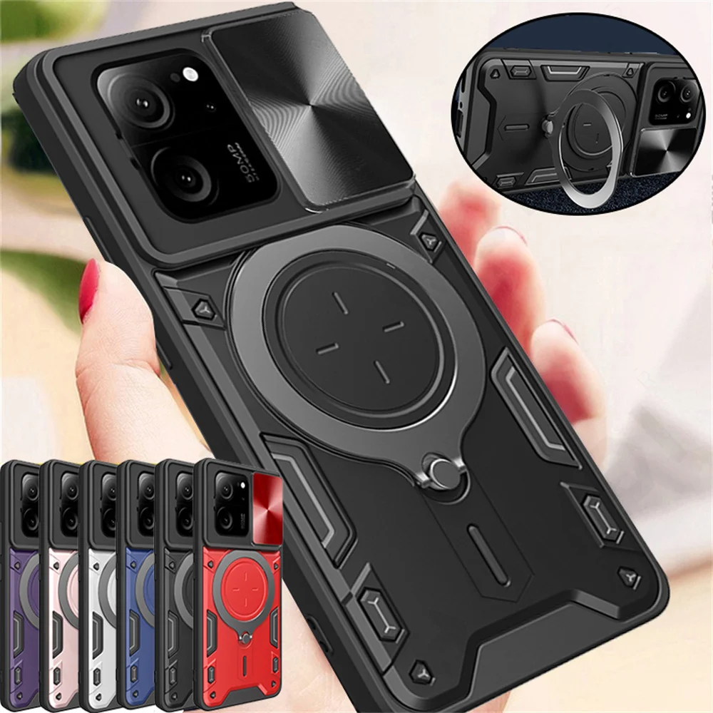 Fall Für Xiaomi 13T 12T 11T Redmi Hinweis 13 12 11S Poco F5 X5 Pro Magnetische rotat Cama Slide Protector Ring 360 Stand_voghion.com