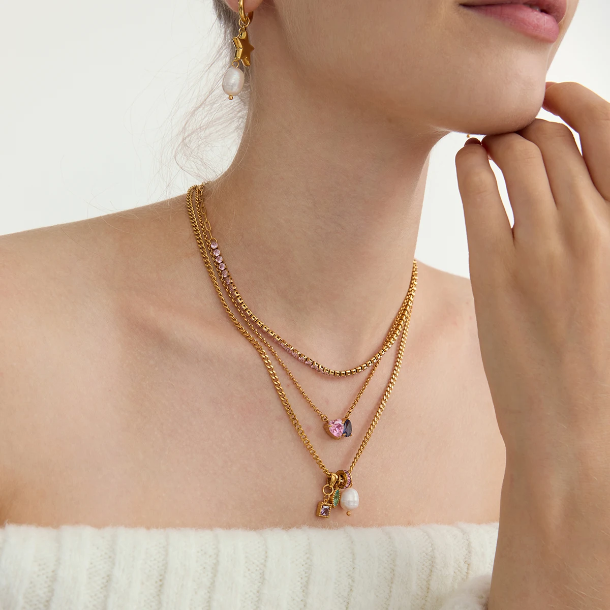 Youthway Lucky Zircon Bead Freshwater Pearl Pendant Necklace For Women 18K Gold Plated Stainless Steel Necklace Fashion Jewelry_voghion.com