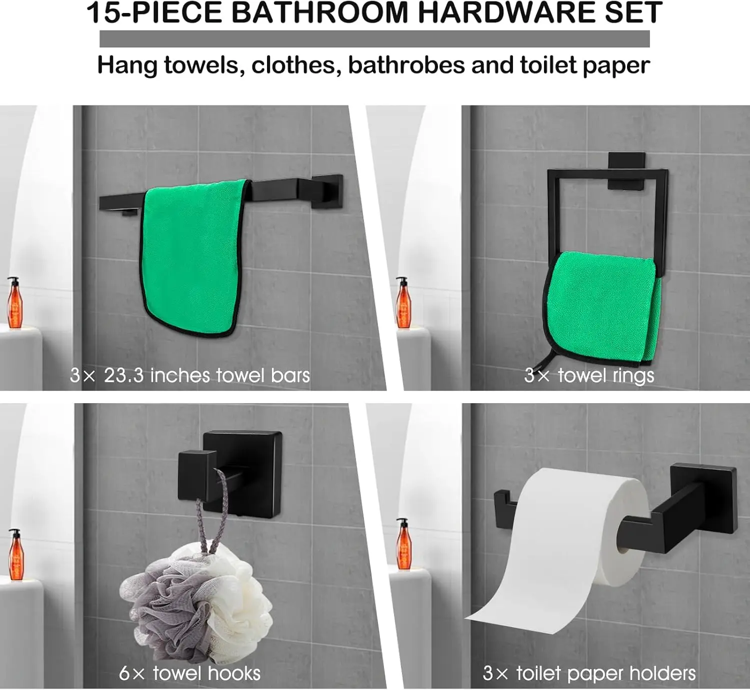 15-Pcs Matte Black Bathroom Set. 23.3" Towel Bar, Rack, Square Bar. SUS304 Stainless Steel. Heavy Duty, Wall-Mounted.