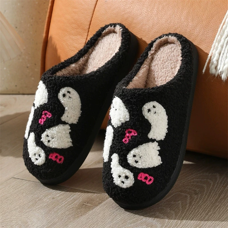 Cartoon Ghost Cotton Slippers for Women 2025 Light Round Toe Halloween Women's Slippers Faux Fur Warm Plush Home Slides Woman