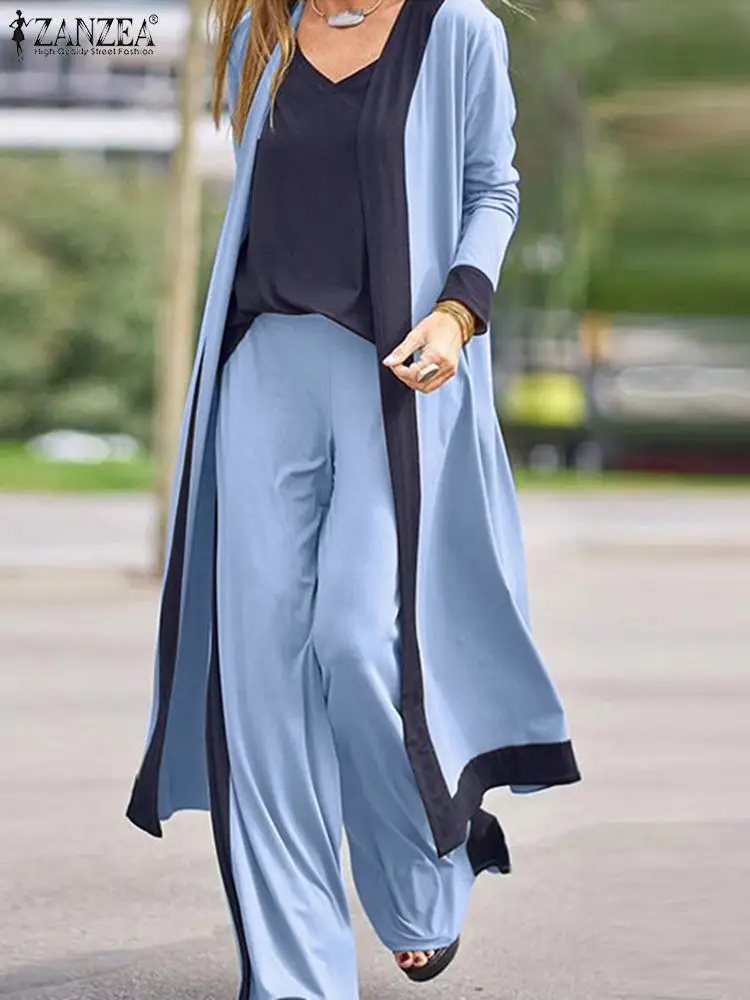 

3PCS kaftan Women Solid Matching Sets ZANZEA 2023 Casual Long Sleeve Cardiagns and Sleeveless Tanks Tops Female Wide Legs Pants