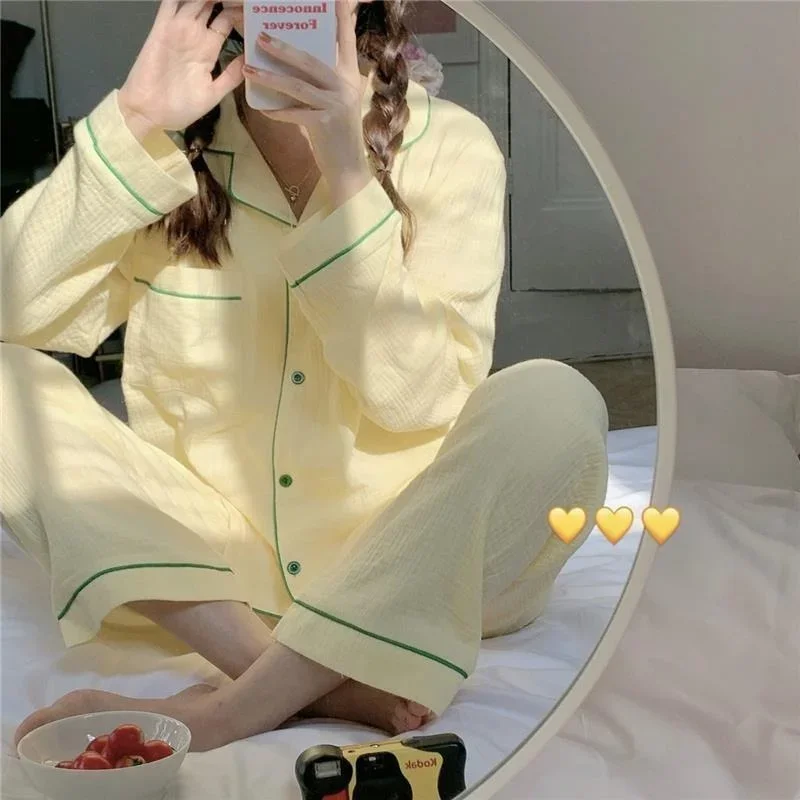 

Women's Pajamas Set Spring Autumn Long Sleeve Ladies Korea Style Sleepwear 2 Pcs With Pant Solid Home Suit For Female