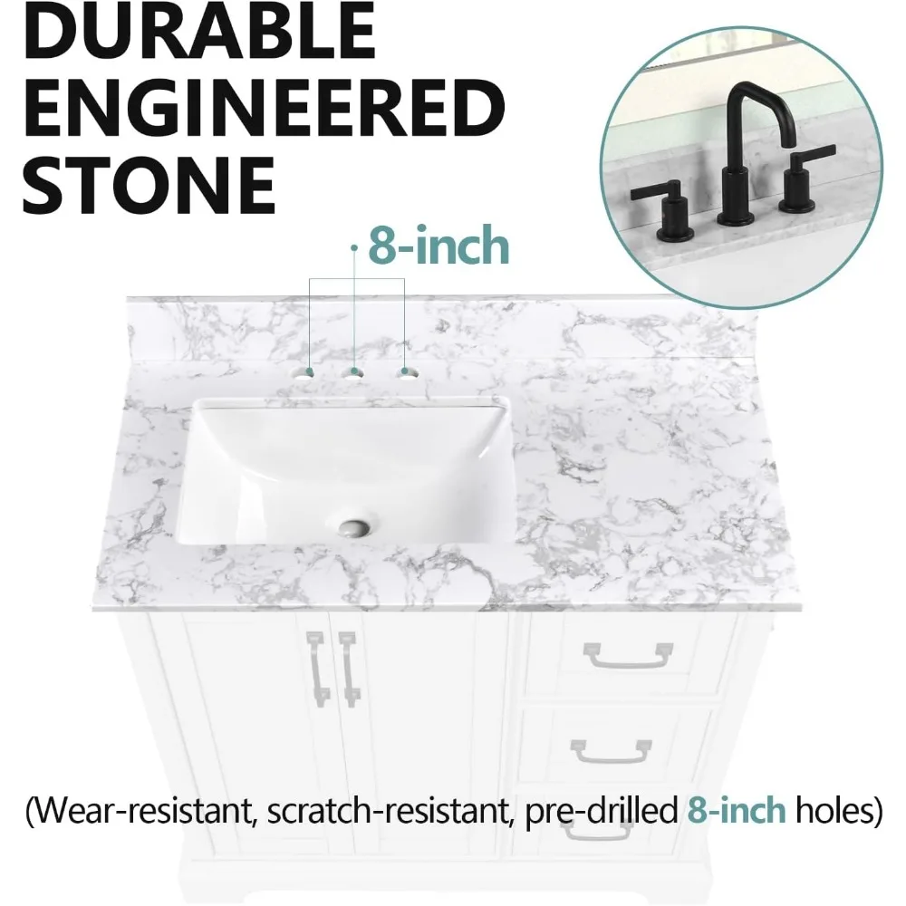 36x22 Inch Bathroom Vanity Top with Sink,Vanity Countertop 8 Inch Faucet 3 Hole Spread with Backsplash(Not included Faucet) 5