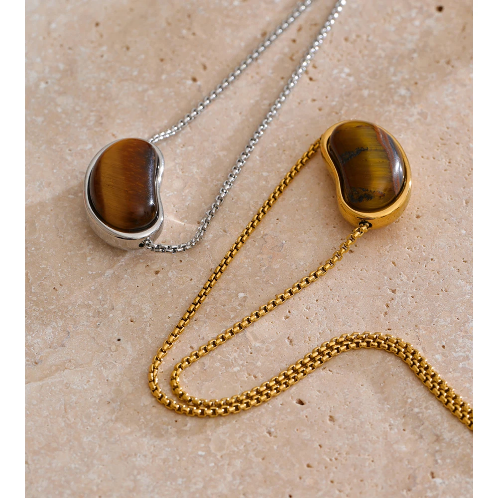 Yhpup Natural Tiger Stone Oval Pendant Necklace