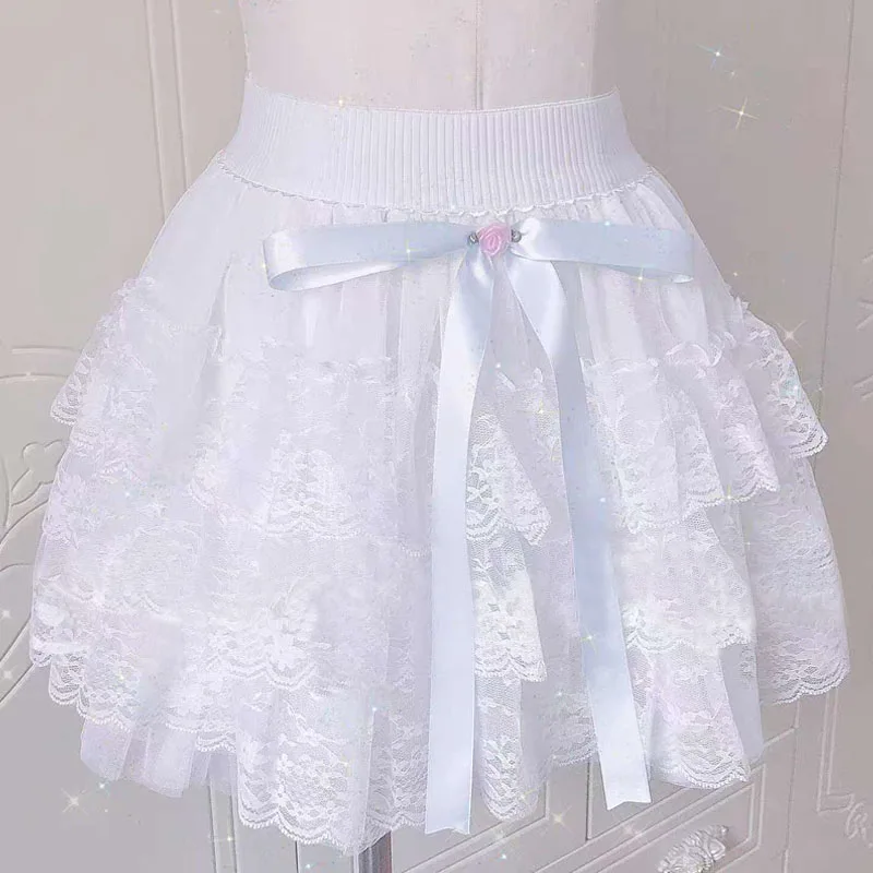 

Harajuku Gothic Lolita Sweet Lace Tutu Skirt Y2k Kawaii Ribbon Bow Rose Pink Blue Elastic High Waist Sexy Mini Tulle Skirts
