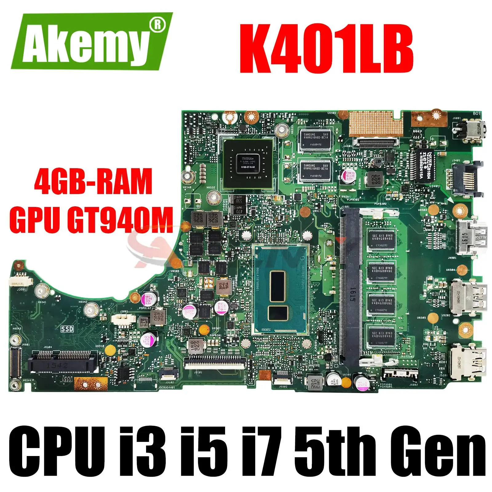 

K401LB Notebook Mainboard For ASUS K401LX A401L K401L Laptop Motherboard CPU i3-5010U i5-5200U i7-5500U 4GB RAM GPU GT940M DDR3