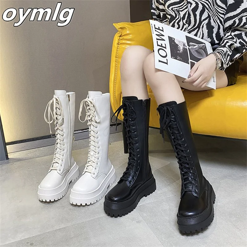 Women's mid to long boots, black boots, 2022 new high leather boots, lace up boots