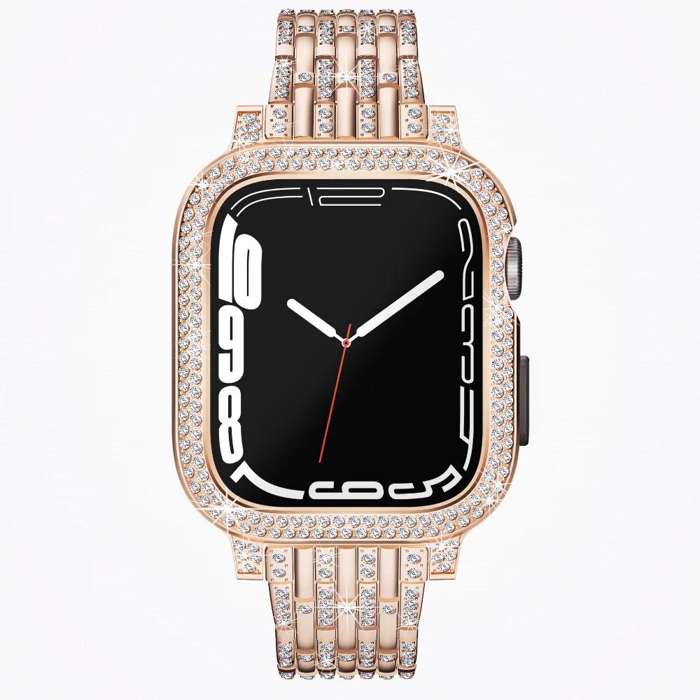 Diamond Case+Strap for Apple Watch 45mm 41mm 44mm 40mm Metal Bracelet Wristband for iWatch Series 8 7 6 5 4 SE Protective Shell