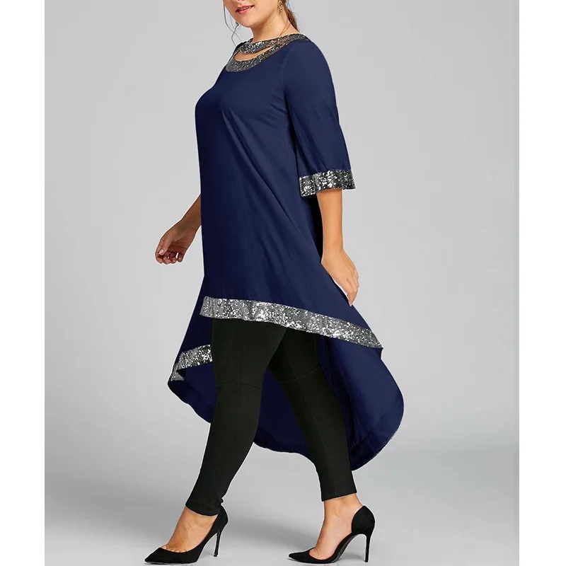 Spring Summer Solid Color Irregular Skirt Office Lady Round Neck Patchwork Bright Silk Half Sleeve Plus Size Dress for Women