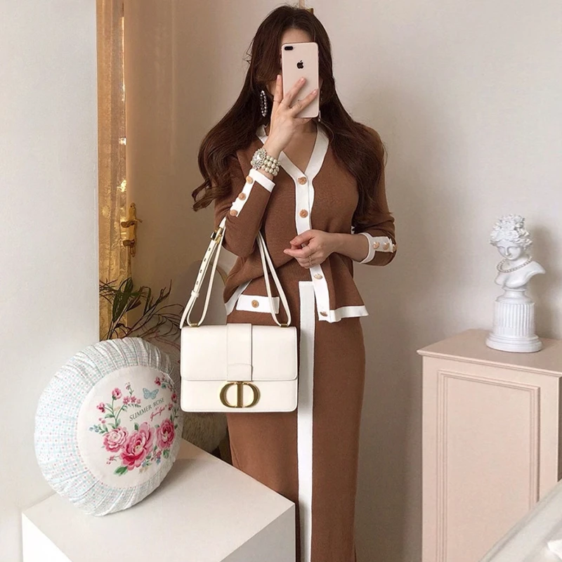 

New 2023 Autumn Winter Korean Color Black Knitted Suit Women's V-Necked Cardigan Sweater + High Waist Midi Skirt Two Piece Set