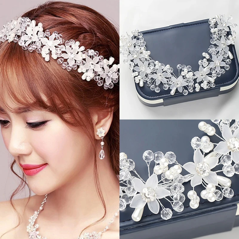 Glass Crystal White Flower Pearls Headbands Wedding Accessories hairbands for Bride Tiara Bridal Hair Jewelry Fashion crown headband bridal hair accessories hair accessories