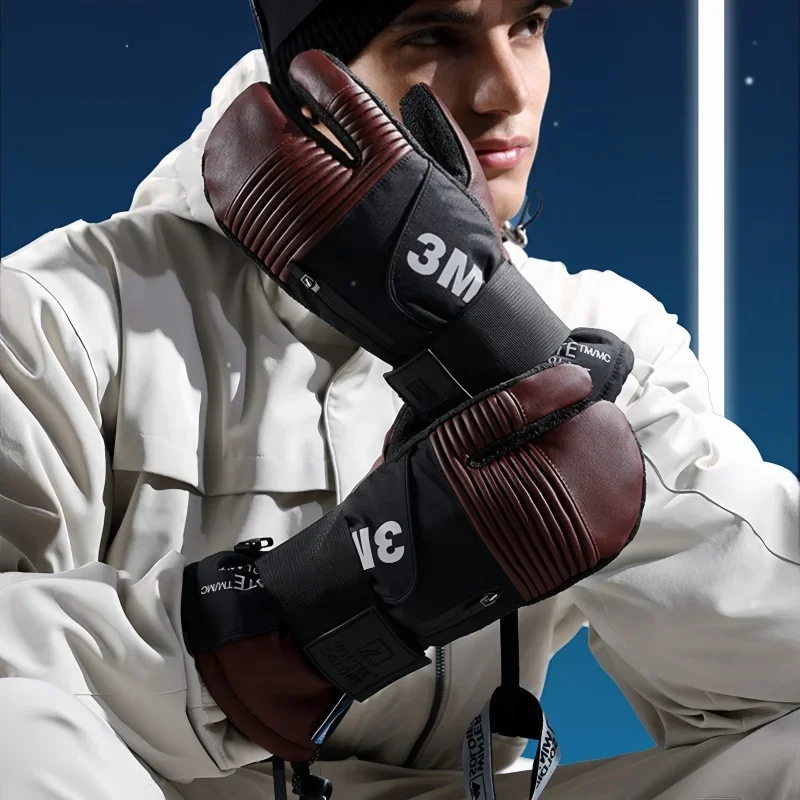 Three-finger Ski Gloves Windproof Waterproof Wear-resistant Warm Gloves Built-in Wrist Guards Velvet Winter Motorcycle Gloves 2