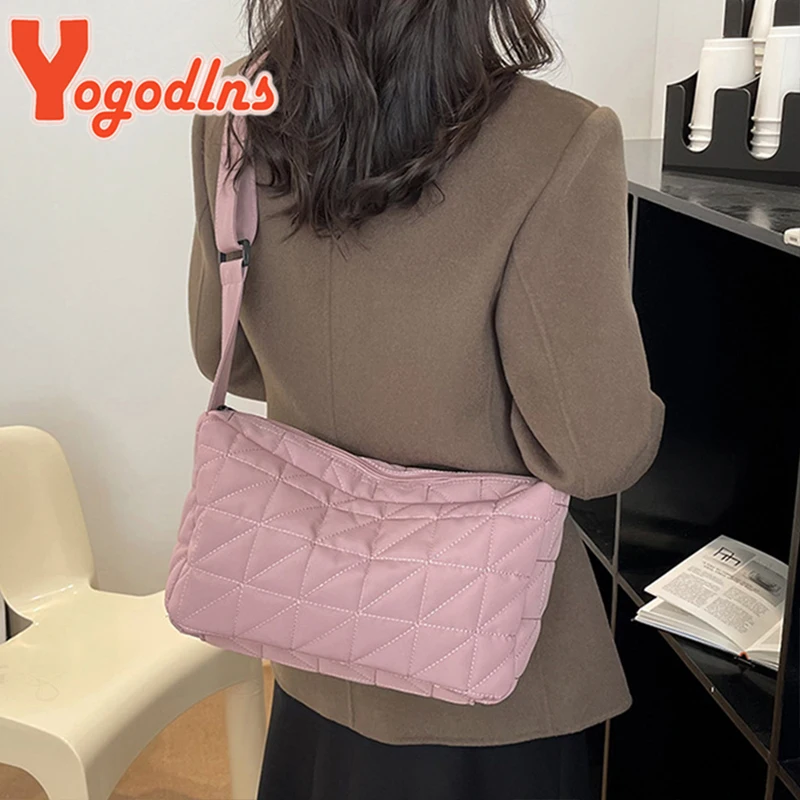 Yogodlns-Bolsa de ombro romboide de algodão espacial para senhoras, bolsa tiracolo acolchoada, bolsa portátil, moda, luxo, inverno