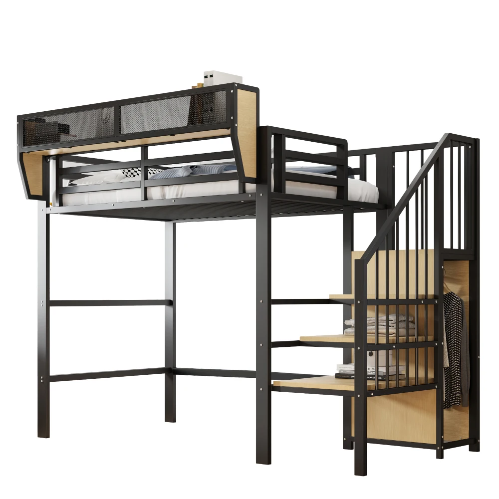 Schwarzes, robustes Metall-Hochbett 90x200cm mit Sicherheitsleiter & Staufächern, Bett für Kinder und Erwachsene, rutschfester, stabiler Rahmen – Detail 8