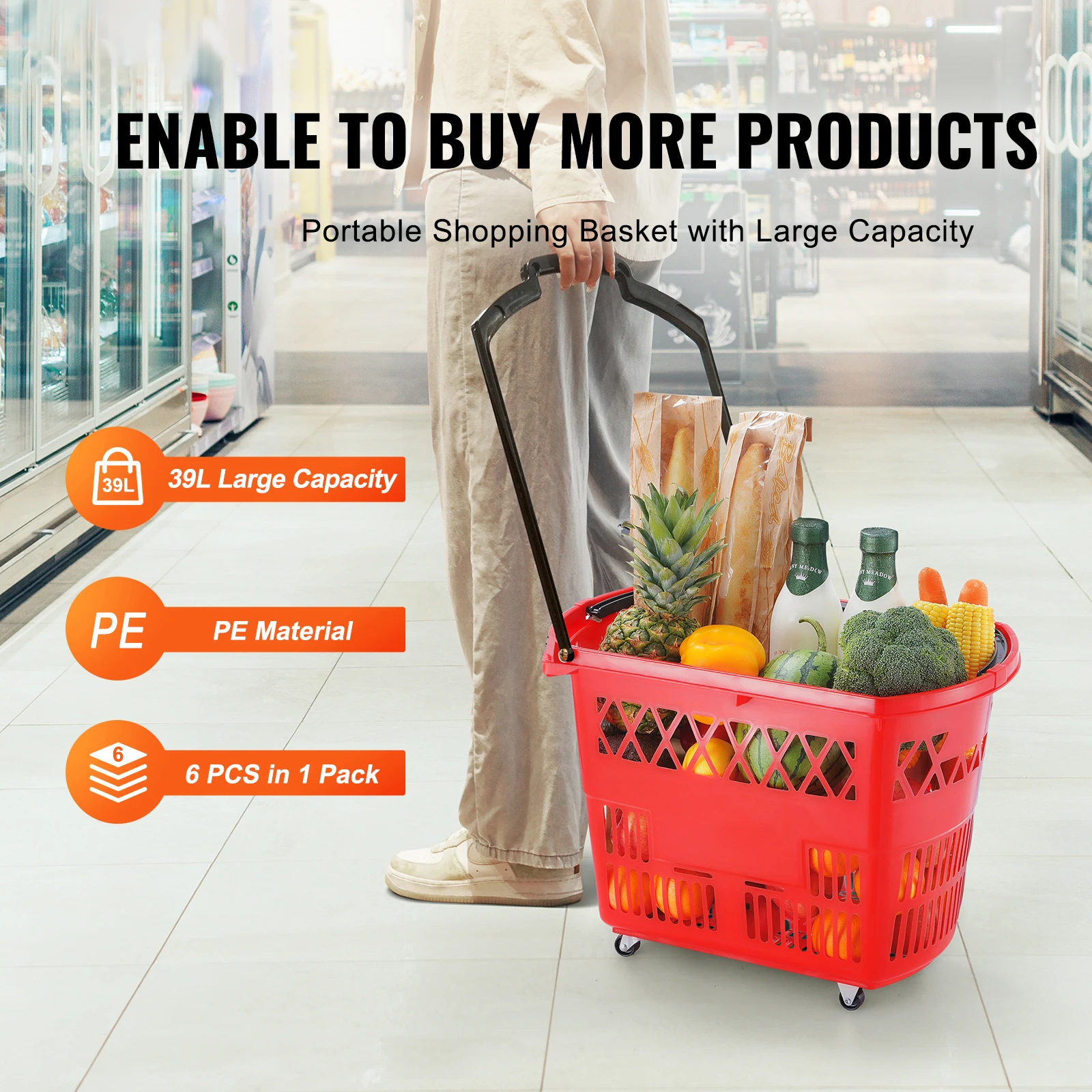 SucceBuy 6PCS Shopping Baskets 39L Rolling Shopping Carts with Handles & Wheels Portable  for Supermarkets Retail Stores Grocery