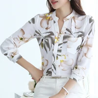 Women's Long Sleeve Chiffon Blouse, V-Neck Tops, Slim Fit Shirt, Office Lady Fashion Print Clothing, Spring, 2024 New, 882G - Image 3