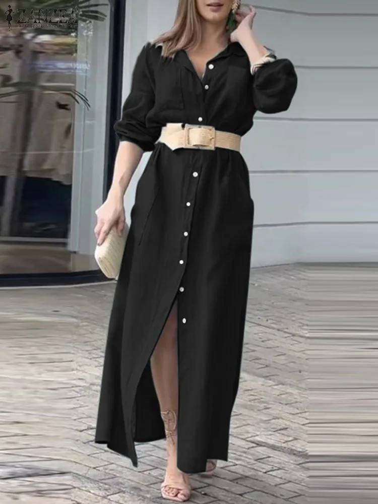 

ZANZEA Woman Elegant Work Sundress Female Fashion OL Work Dress Long Sleeve Lapel Neck Shirtdress Casual Solid Ankle Length Robe