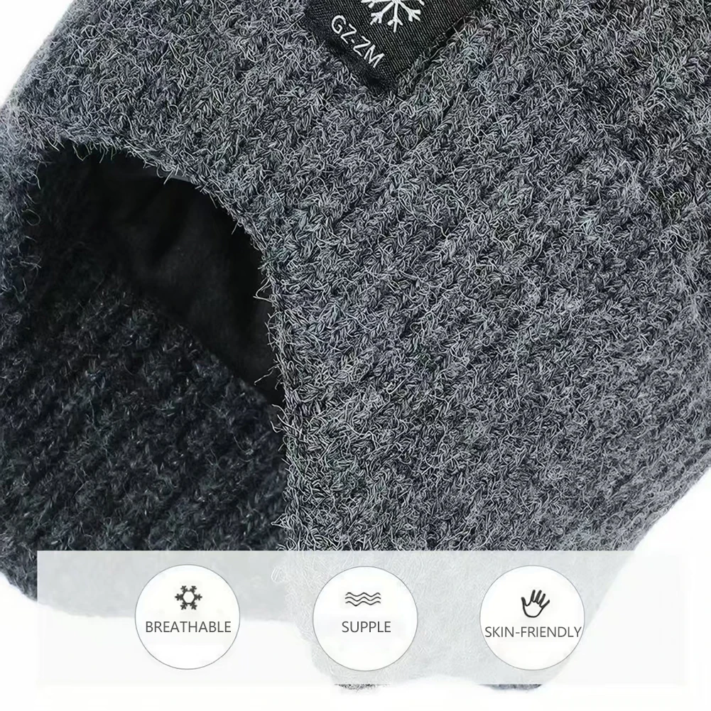 Outdoor Men Winter Knitted Hat Plush Warmth Peaked Cap Earmuff Casual Fashion Faux Fur Lined Bomber Hats Cycling Ear Protection