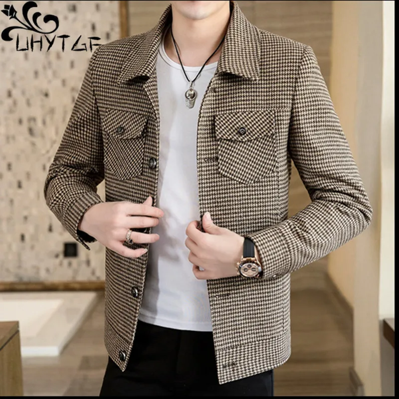 UHYTGF autunno inverno giacca di lana moda uomo Plaid Casual