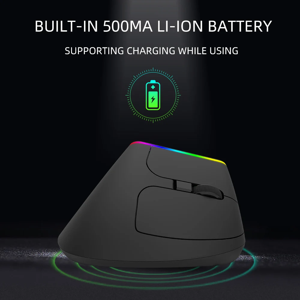 Delux-Mouse Ergonômico Vertical Sem Fio, Recarregável, RGB,