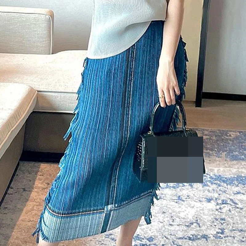 Pleated  denim printed fringed skirt with high waist and buttocks, mid length 2023 new trend  pleated skirt  Slim hiigh waisted leather jeans large buttocks with zipper access control gallery dept jeans women pants ropa de mujer barata y enví