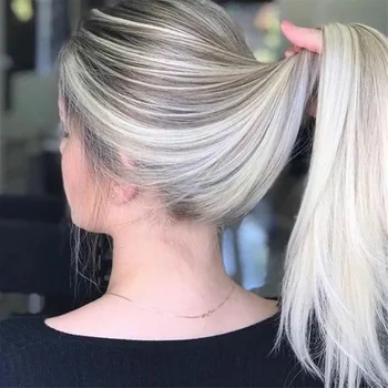 Parrucche Senza Colla con Capelli Lisci, Taglia Piccola e Grande, Parte Libera, Biondo Balayage, Alta Qualità, Miscela di Capelli Umani e Fibra Sintetica