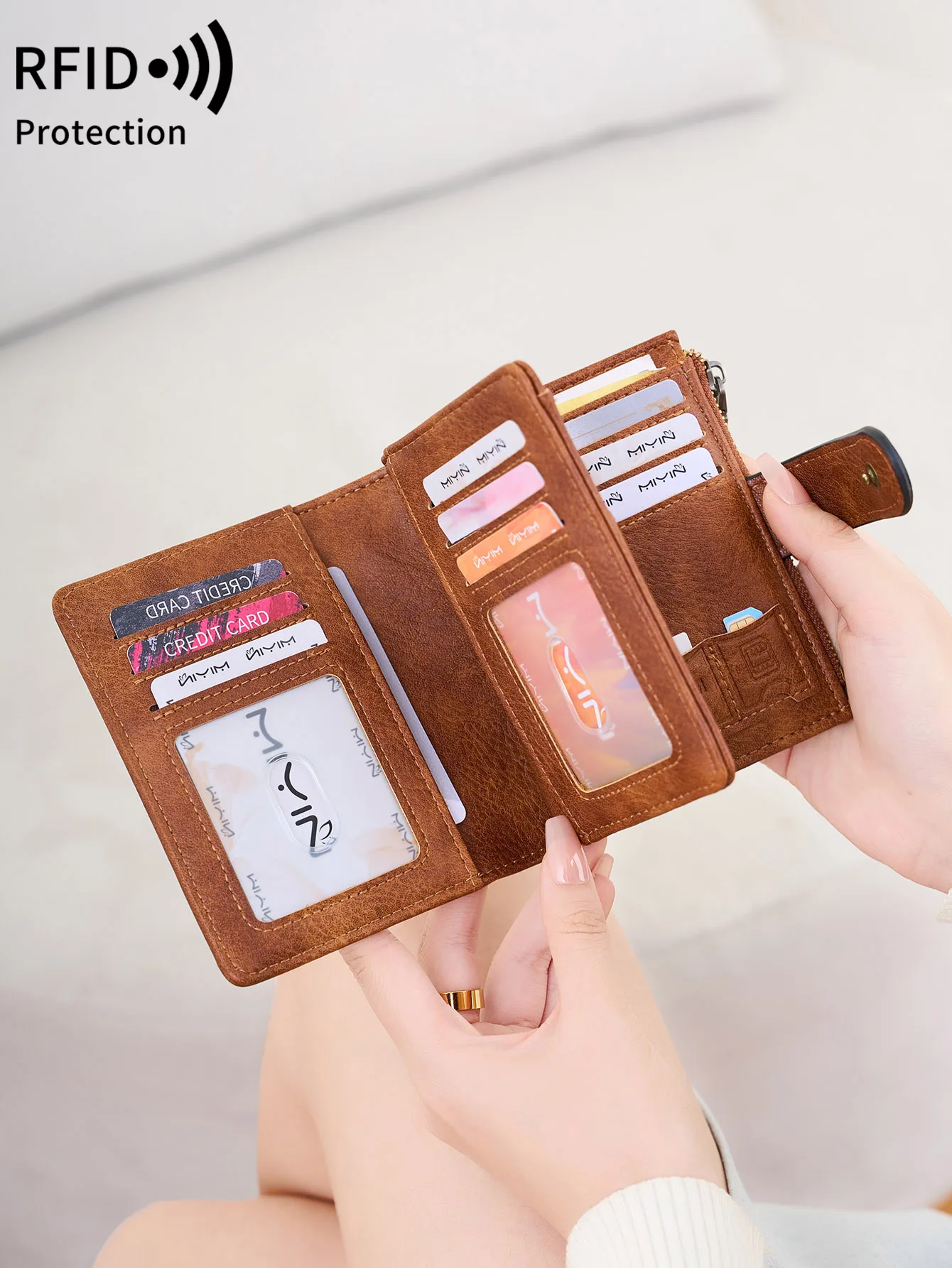 Vintage-Inspired RFID-Blocking Women's Wallet - Elegant Trifold Coin Purse with Zipper, Compact Organizer
