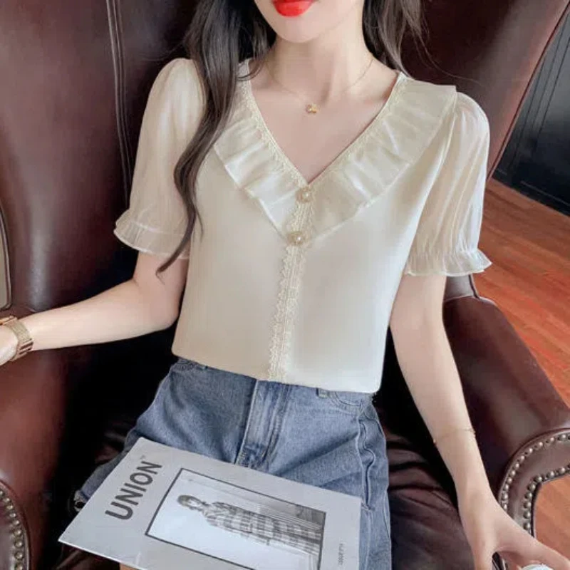 V넥 시폰 블라우스, 플리츠 솔리드 반팔, 루즈한 올 매치 얇은 셔츠, 템퍼러먼트 패션, 여성 의류, 여름 신상