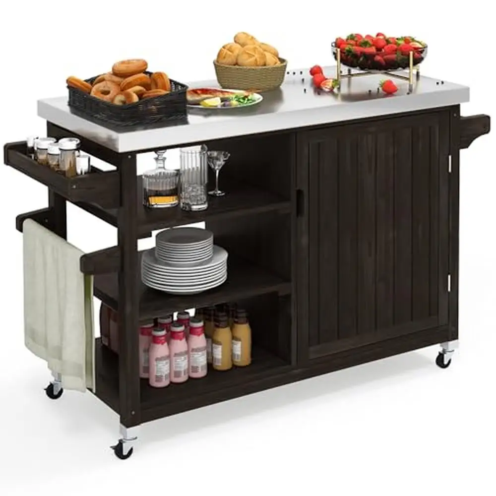XL Outdoor Storage Kitchen Bar Table Spice Rack Wheels & Handle Solid Wood Cabinet Adjustable Shelf & Multi-Functional Storage Rack Kitchen Storage Cart