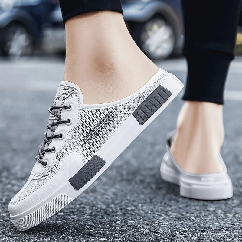 

Lace Mesh Breathable Beach Shoes For Men Men's Casual Sneakers Summer Canvas Flats Backless White Slip On Half Slippers Laofers