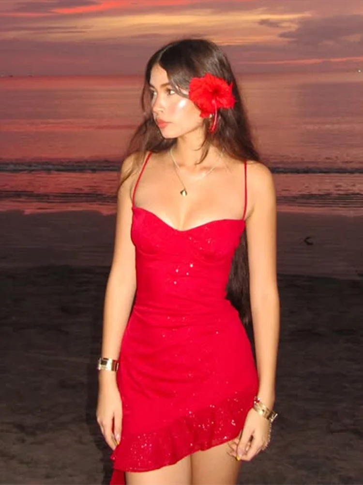 Sexy Sequin Ruffles Sling Mini Dress Women Slim Sleeveless Backless Party Dresses 2025 Spring Summer Shiny Beach Vacation Robe 5
