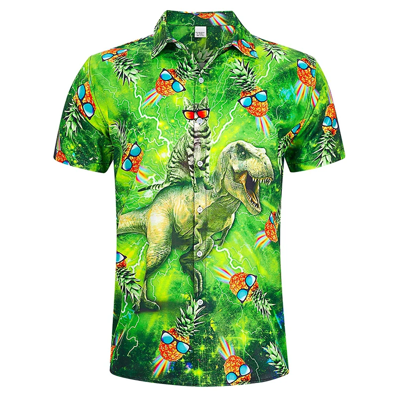 thumbnail image 1 of Camisas hawaianas con estampado 3D de dinosaurios y gatos divertidos para hombre, camisas hawaianas de manga corta con botones para vacaciones tropicales, ropa de calle, 1 of 4