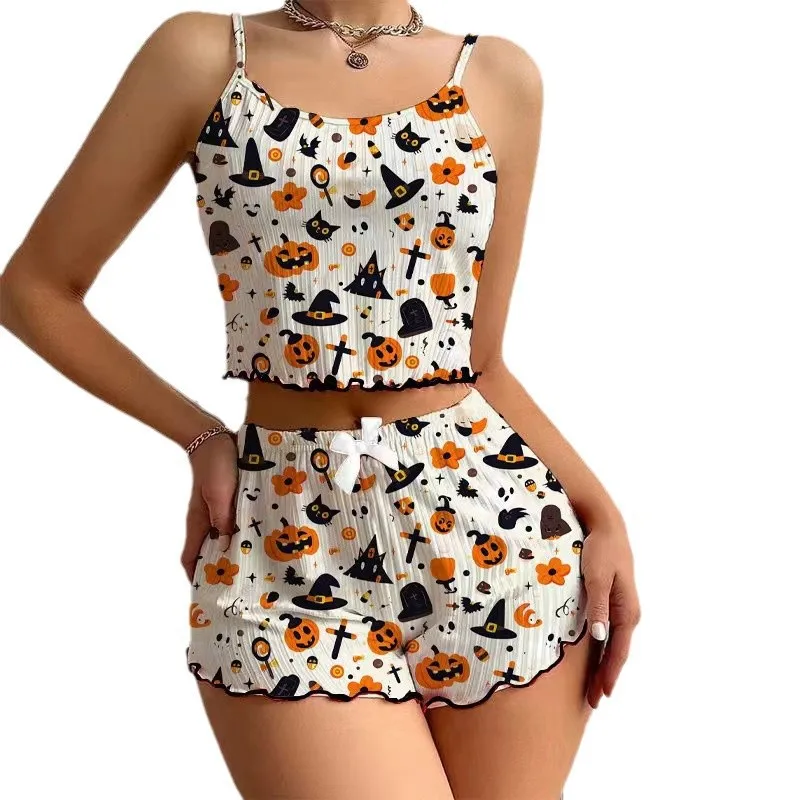 Halloween Pumpkin Print Pajama Set Womens Cute Ribbed Cami Crop Top and Shorts Two Piece Sleepwear Lettuce Hem Y2K Loungewear