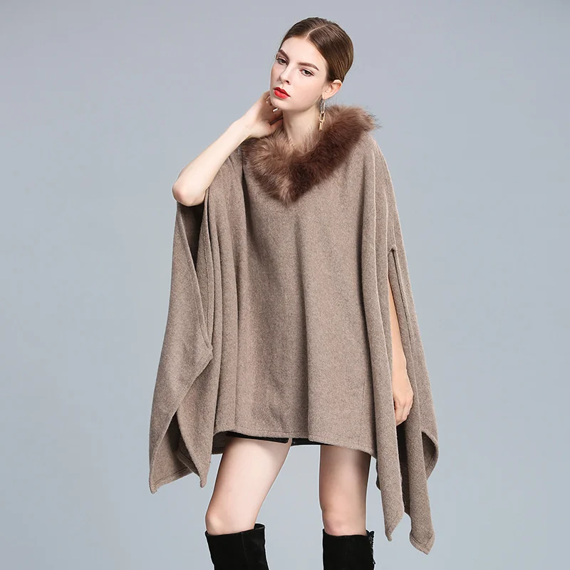 

#1150 Pullover Cape Femme Poncho Fur Collar Asymmetrical Cape Coat Loose Solid Color Winter Woolen Long Shawl Coat Warm
