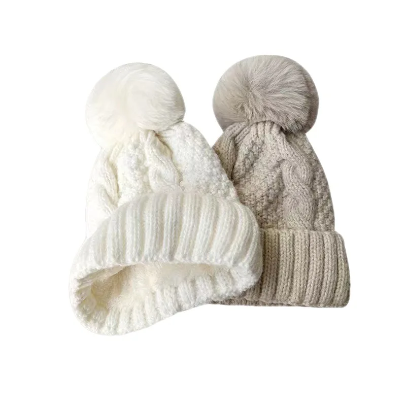 New Winter Twist Knitting Hat For Women Fur Pompom Thick Plush Cap Beanie Solid Color Ladies Warm Ski Snow Skullies Beanies 5