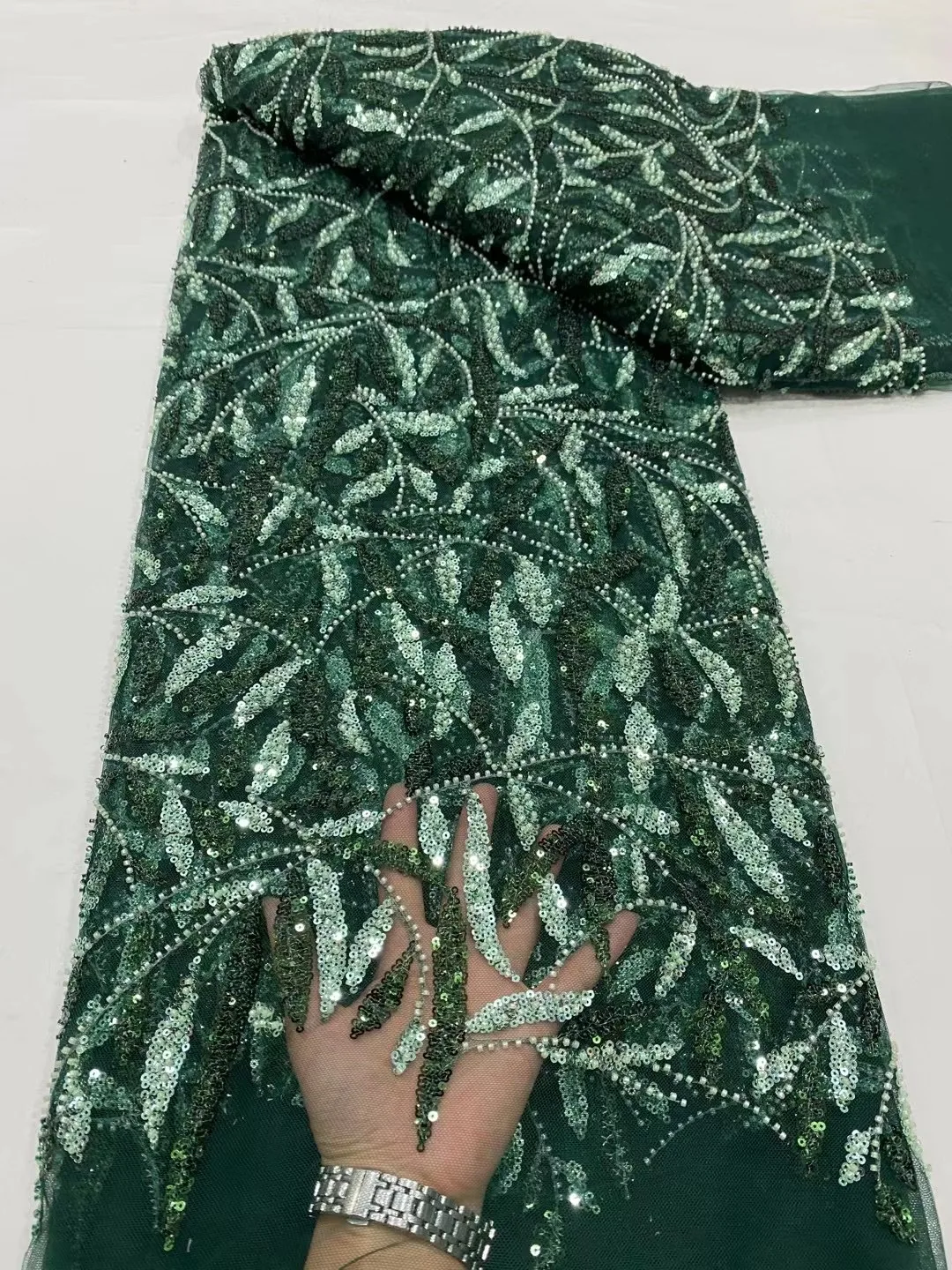 

2023 Green African Luxury Sequins Tulle Lace Fabric French Heavy Handmade Beaded Net Lace Fabric For Women Birthday Prom Dresses
