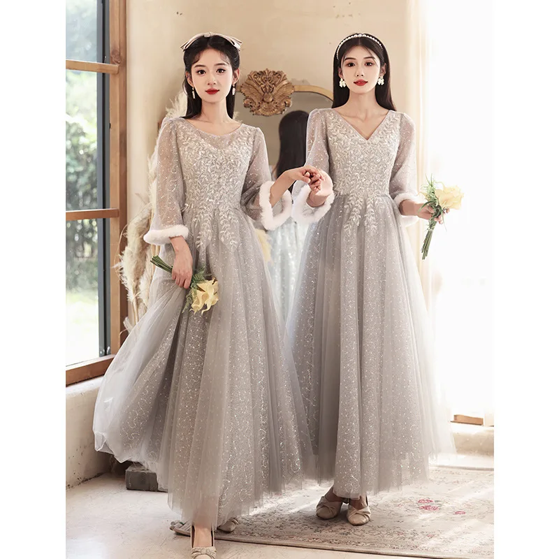 

Gray Bridesmaid Dress Women's New Spring Long Sleeve Niche High Sense Sisters Group Dress Elegant Spring and Autumn