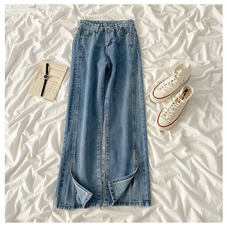 Split Cut Jeans for Women's Spring, Summer, and Autumn New Skin Friendly Soft High Waisted Loose Straight Leg Wide Leg Pants