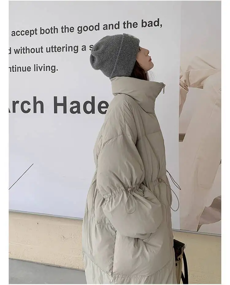 LANMREM Drawstring Waist Slimming Design Women's Long Down Jacket Lapel Loose Oversized Long Sleeve Grey Warm Jackets 2DB5955