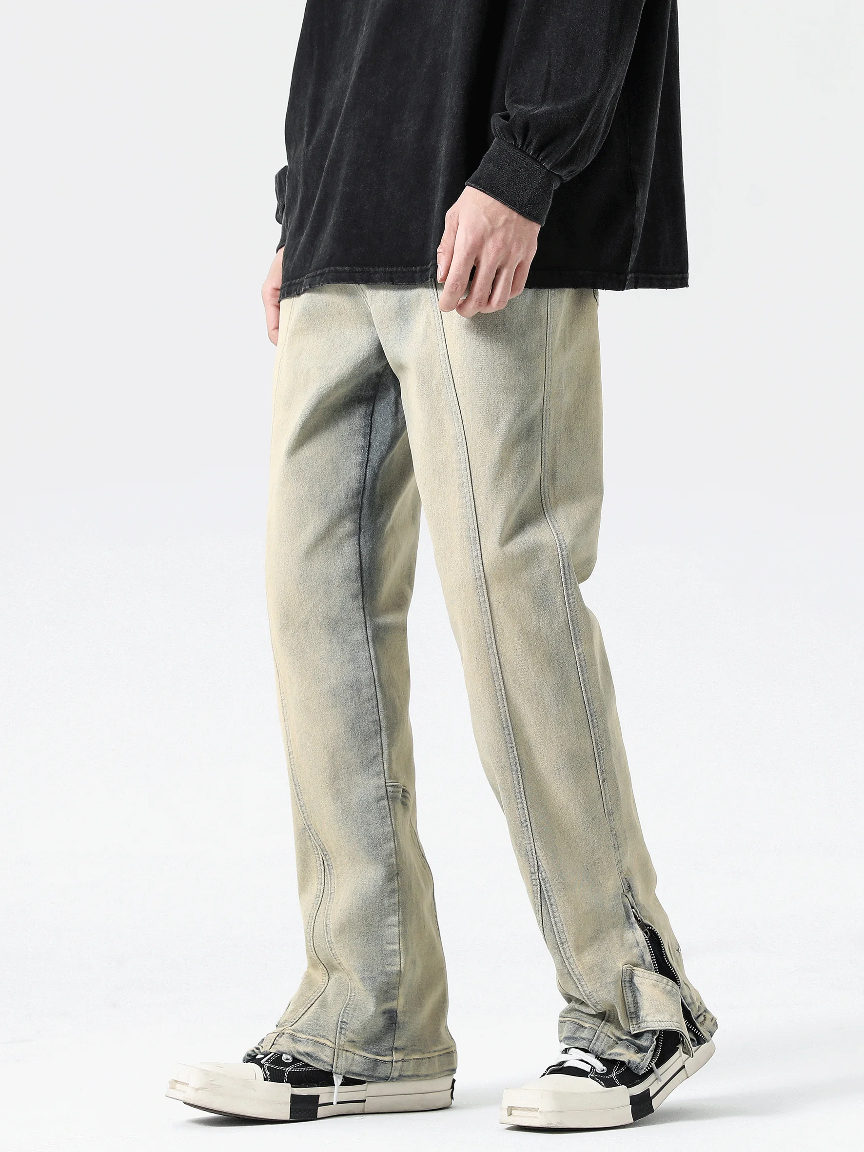

Yellow Mud Dyed Trouser Leg Zipper lace-up Jeans Stretch Loose Straight Leg Trousers High Street Trend
