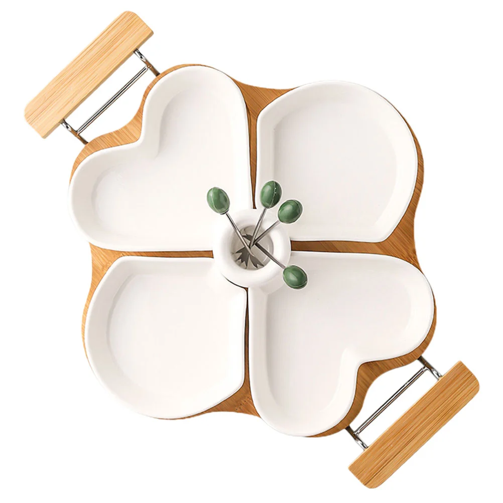 

1 Set Ceramic Divided Serving Dish with Wooden Platter Snack Appetizer Tray
