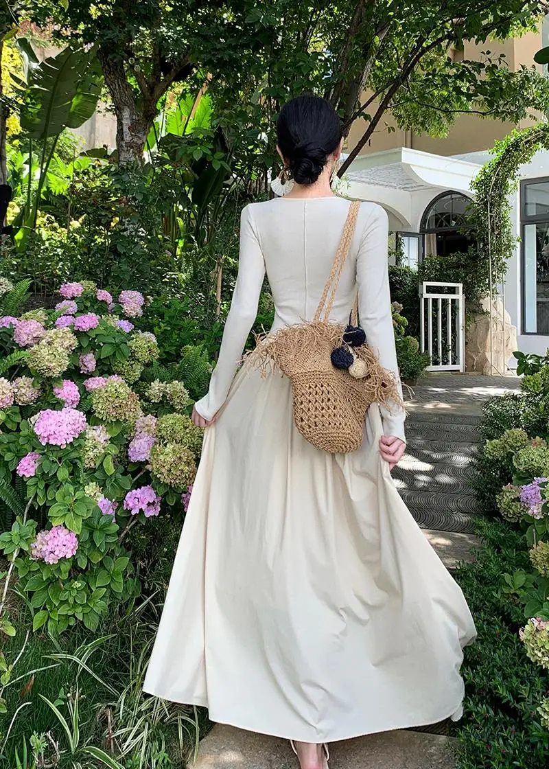 Vestidos largos informales de retazos para mujer, cuello redondo, mangas largas, corte en A, otoño primavera, moda coreana, vestidos de una pieza para mujer, nuevos